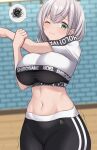  1girl 9696k black_pants black_sports_bra breasts character_name crop_top crop_top_overhang cropped_shirt exercise green_eyes grey_hair gym high-waist_pants highres hololive hololive_dance_practice_uniform large_breasts official_alternate_costume pants shirogane_noel sports_bra sports_bra_peek tight_clothes tight_pants virtual_youtuber wavy_hair workout_clothes yoga_pants 