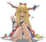  bad_id bad_pixiv_id barefoot blonde_hair blush bow feet finger_to_mouth hair_bow heart horn_bow horns ibuki_suika long_hair looking_at_viewer low-tied_long_hair maskman off_shoulder simple_background sitting smile solo spoken_heart topless touhou very_long_hair white_background yellow_eyes 