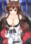  animal_ears bad_id bad_pixiv_id bare_shoulders breasts brown_hair cleavage collarbone dress_pull fang highres imaizumi_kagerou large_breasts leaning_forward long_hair long_sleeves looking_at_viewer naughty_face open_mouth red_eyes shiro_usagi solo sweat touhou upper_body wolf_ears 