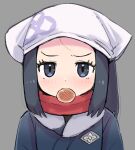  1girl akari_(pokemon) blue_eyes blue_hair fur_trim head_scarf imomochi kutabireta_neko looking_at_viewer pokemon pokemon_legends:_arceus red_scarf scarf solo 