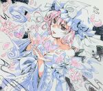  1girl akaioringo2023 blue_dress breasts bug butterfly cleavage collarbone dated dress glowing_butterfly hat long_sleeves medium_breasts mob_cap off_shoulder pink_eyes pink_hair saigyouji_yuyuko solo touhou traditional_media upper_body wide_sleeves 