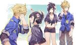  1boy 1girl belt black_hair blonde_hair breasts cleavage cloud_strife cloud_strife_(ocean_chocobo) crop_top final_fantasy final_fantasy_vii final_fantasy_vii_rebirth final_fantasy_vii_remake flower front-tie_top hair_flower hair_ornament hawaiian_shirt heart looking_at_another official_alternate_costume official_alternate_hairstyle rirene_rn shirt short_shorts shorts smile tifa_lockhart tifa_lockhart_(majestic_glamour) 