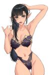  1girl arm_up armpits baldur&#039;s_gate baldur&#039;s_gate_3 bare_shoulders black_bra black_hair black_panties bra breasts cleavage collarbone cowboy_shot dungeons_&amp;_dragons gold_trim green_eyes hand_up highres large_breasts long_hair looking_at_viewer mouth_hold navel panties pixie_(pixieinktvis) pointy_ears shadowheart_(baldur&#039;s_gate) shiny_skin simple_background teeth thigh_gap underwear white_background 