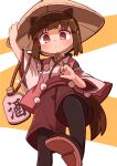  1girl ajirogasa alcohol animal_ears bottle brown_hair brown_tail closed_mouth commentary_request foot_out_of_frame from_below geta hair_tie hand_on_headwear hat highres jacket japanese_clothes kimono leg_up light_blush long_sleeves looking_at_viewer obi original pantyhose pom_pom_(clothes) red_eyes red_shorts sash short_hair shorts simple_background sleeveless sleeveless_jacket solo standing tengu white_kimono wide_sleeves yukinagi 