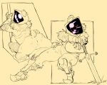 2024 action_pose anthro anus arm_strap armor bear big_breasts big_butt bottomless breasts butt clothed clothing epic_games female fortnite gauntlets genitals gloves greaves handwear hi_res holding_object holding_sword holding_weapon hood looking_back lowkey_nottoast lying mammal melee_weapon monochrome obscured_face on_front one_eye_closed open_mouth pose pussy raven_team_leader scar scut_tail short_tail simple_background solo spread_legs spreading sword tail tan_background thick_thighs vambrace weapon wide_hips