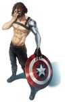  bad_id bad_pixiv_id boots brown_hair captain_america_the_winter_soldier chest_belt covering_face cyborg face_mask james_buchanan_barnes male_focus marvel mask mechanical_arm muscle prosthesis prosthetic_arm shield shirtless shuen solo winter_soldier 