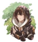  1boy armor bishounen breastplate brown_hair commentary commentary_request facing_viewer gloves granblue_fantasy gucha_(netsu) hair_between_eyes hood hood_up looking_up male_focus messy_hair parted_lips portrait rain red_eyes sandalphon_(granblue_fantasy) shaded_face short_hair shoulder_armor silhouette solo_focus tree turtleneck water_drop 