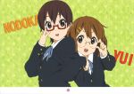  2girls :d absurdres adjusting_eyewear arm_hug artist_request bespectacled english_text glasses highres hirasawa_yui k-on! locked_arms manabe_nodoka multiple_girls official_art open_mouth rectangular_eyewear red-framed_eyewear rimless_eyewear round_teeth sakuragaoka_high_school_uniform scan school_uniform semi-rimless_eyewear simple_background smile teeth under-rim_eyewear v-shaped_eyebrows 