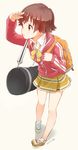  arm_up backpack bag brown_eyes brown_hair dated duffel_bag full_body honda_mio hood hooded_track_jacket idolmaster idolmaster_cinderella_girls jacket nagian open_mouth shoes short_hair skirt sneakers solo track_jacket 