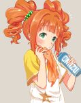  1girl blush bottle drinking green_eyes grey_background highres idolmaster idolmaster_(classic) long_hair looking_at_viewer orange_hair ryubii_(pokespruby) shirt short_sleeves simple_background solo sweat t-shirt takatsuki_yayoi towel twintails upper_body 