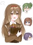  2boys 2girls ahoge blush book bow bowtie brown_bow brown_bowtie brown_coat brown_eyes brown_hair coat green_hair hair_bun hair_ornament hair_over_one_eye hairband hairclip highres hod_(project_moon) holding holding_book library_of_ruina long_hair long_sleeves malkuth_(project_moon) medium_hair mimingaminchi multiple_boys multiple_girls netzach_(project_moon) open_mouth project_moon purple_hair red_hairband sidelocks simple_background solo_focus white_background yellow_eyes yesod_(project_moon) 