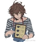  1boy ahoge apron bishounen blue_apron brown_hair coffee_cup cup disposable_cup english_commentary granblue_fantasy holding holding_menu light_smile looking_down male_focus menu messy_hair red_eyes sandalphon_(granblue_fantasy) sandalphon_(server_of_a_sublime_brew)_(granblue_fantasy) shirt short_hair sketch striped_clothes striped_shirt tumblr_username vertical-striped_clothes vertical-striped_shirt wahoosandalphon 