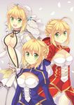  ahoge artoria_pendragon_(all) blonde_hair blue_dress bodysuit breasts cleavage dress dual_persona fate/extra fate/extra_ccc fate/stay_night fate_(series) green_eyes medium_breasts multiple_girls navel nero_claudius_(bride)_(fate) nero_claudius_(fate) nero_claudius_(fate)_(all) red_dress saber suzu_miya 