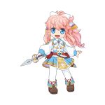  1girl :d blue_capelet blue_eyes blue_skirt boots bow bowtie braid braided_sidelock breasts brown_footwear buttons capelet chibi collared_shirt curly_hair dagger flat_chest floating_hair fold-over_boots full_body gold_trim hair_bow holding holding_dagger holding_knife holding_weapon hyper_novice_(ragnarok_online) knife long_hair long_sleeves looking_at_viewer low-braided_long_hair low-tied_long_hair medium_bangs official_art open_mouth pantyhose pelvic_curtain pink_hair pleated_skirt puffy_long_sleeves puffy_sleeves ragnarok_online shirt simple_background skirt smile solo standing tachi-e transparent_background twin_braids weapon white_bow white_bowtie white_pantyhose white_shirt yuichirou 