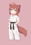  1girl ahoge animal_ear_fluff animal_ears barefoot belt black_belt brown_hair cat_ears cat_girl cat_tail chinese_commentary closed_mouth commentary_request dougi full_body gold_bracelet green_eyes hand_on_own_hip highres kuma-bound looking_at_viewer low_ponytail martial_arts_belt medium_hair original pants pink_background simple_background solo standing tail toes white_pants 