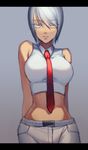  absurdres belt crop_top expressionless highres karakuri_circus kudara looking_at_viewer midriff necktie shirogane_(karakuri_circus) short_hair silver_hair solo 