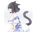  1girl animal_ears arm_under_breasts bare_shoulders black_hair braid breasts cat_ears cat_tail choker cropped_legs dress facial_mark final_fantasy final_fantasy_xiv french_braid from_side highres large_breasts miqo&#039;te open_mouth purple_eyes sana_(sanamaru_0w0) short_hair solo strapless strapless_dress tail tongue tongue_out whisker_markings white_background 