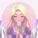  1girl blonde_hair character_name dress flower green_eyes holding holding_flower long_hair looking_at_object pink_flower pink_tulip purple_dress purple_flower purple_tulip rapunzel_(disney) seoyeon solo tangled tulip upper_body 