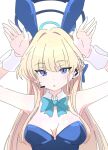  1girl animal_ears aqua_bow aqua_bowtie arms_up blonde_hair blue_archive blue_halo blue_leotard bow bowtie breasts cleavage commentary_request detached_collar fake_animal_ears halo hands_up headset ixy leotard long_hair looking_at_viewer medium_breasts official_alternate_costume rabbit_ears simple_background solo toki_(blue_archive) toki_(bunny)_(blue_archive) upper_body white_background 