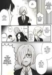  1boy 1girl comic fate/grand_order fate_(series) formal fujimaru_ritsuka_(male) glasses holding holding_umbrella kingsman:_the_secret_service mash_kyrielight suit translated umbrella 