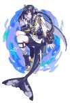  +_+ 1girl :&lt; black_eyes black_footwear black_hair black_sailor_collar black_shorts blue_background braid cetacean_tail closed_mouth coat fins fish_tail full_body hand_up highres holding long_hair long_sleeves looking_at_viewer neckerchief orca_girl original radio remora rramarukun sailor_collar shorts simple_fish smile tail underwater white_coat wide_sleeves yellow_neckerchief yellow_pupils 