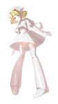 1girl absurdres angelic_layer blanche_(angelic_layer) blonde_hair blunt_bangs capelet dress full_body gloves hat highres juliet_sleeves long_sleeves looking_at_viewer mattbamm nurse_cap orange_eyes parted_lips puffy_sleeves short_hair simple_background solo thighhighs white_background white_capelet white_dress white_gloves white_thighhighs 