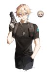  1boy absurdres aventurine_(honkai:_star_rail) black_gloves black_shirt blonde_hair closed_mouth cowboy_shot dog_tags fingerless_gloves gloves gun hair_between_eyes hand_in_pocket highres holding holding_gun holding_weapon honkai:_star_rail honkai_(series) jewelry lizi_(st3648) looking_at_viewer male_focus necklace official_alternate_costume shirt short_hair simple_background t-shirt weapon white_background 