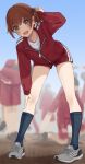  1girl absurdres black_socks blue_sky blurry blurry_background blush brown_hair commentary_request day full_body grey_eyes grey_footwear gym_shorts hand_on_own_knee highres jacket kneehighs kopaka_(karda_nui) long_hair long_sleeves looking_at_viewer multiple_others open_mouth original red_jacket red_shorts ribbed_socks shirt shorts side_ponytail sky socks solo_focus track_jacket white_shirt 