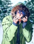  1boy arisugawa_dice blue_hair blue_shirt blush breath coat depth_charge fur-trimmed_coat fur_trim grabbing green_coat green_hoodie hair_between_eyes hands_up head_tilt highres hood hoodie hypnosis_mic kamachiri long_sleeves looking_at_viewer male_focus parted_lips purple_eyes shirt snow solo sunlight teeth tree winter 