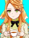  1girl black_bow black_bowtie blue_background bow bowtie cup etie_(fire_emblem) exam1341_sub fire_emblem fire_emblem_engage green_bow green_eyes green_shirt highres holding holding_cup orange_hair shirt solo swept_bangs teacup 