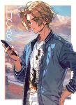  1boy arm_up bishounen blonde_hair blue_eyes blue_sky cellphone character_name closed_mouth cloud cloudy_sky collared_jacket ear_piercing english_text expressionless from_side hand_on_own_hip holding holding_phone jacket jewelry kawacy light_blue_jacket light_frown male_focus necklace open_clothes open_jacket original parted_bangs phone piercing print_shirt shirt sky sleeves_rolled_up smartphone solo upper_body vampire white_shirt zipper 