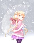  blonde_hair blush brown_eyes capelet coat dated futaba_anzu idolmaster idolmaster_cinderella_girls long_hair looking_back nagian pantyhose purple_legwear scarf skirt smile snow snowing solo transparent transparent_umbrella twintails umbrella very_long_hair 