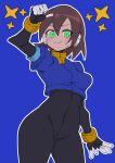  1girl absurdres aile_(mega_man_zx) arm_up black_bodysuit blue_background blush bodysuit bodysuit_under_clothes breasts brown_hair buzzlyears clenched_hands cropped_jacket excited glowing glowing_eyes green_eyes highres jacket looking_at_viewer medium_breasts mega_man_(series) mega_man_zx no_pants robot_ears short_hair simple_background smile solo star_(symbol) upper_body 