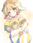  1girl animal_ears blonde_hair blush breasts brown_eyes brown_hat cabbie_hat closed_mouth cowboy_shot crop_top eating floppy_ears hat large_breasts looking_at_viewer medium_bangs midriff navel off-shoulder_shirt off_shoulder rabbit_ears rabbit_girl rabbit_tail ringo_(touhou) shirt short_hair short_sleeves shorts solo striped_clothes striped_shorts tail tanasuke touhou white_shorts yellow_shirt yellow_shorts 