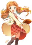  1girl asoka bag black_thighhighs blue_eyes blush cardigan dress floating_hair idolmaster idolmaster_(classic) long_hair looking_at_viewer open_cardigan open_clothes open_mouth orange_hair red_dress shoulder_bag simple_background smile solo takatsuki_yayoi thighhighs twintails white_background 