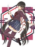  1girl alternate_color alternate_costume black_footwear brown_hair danganronpa_(series) danganronpa_v3:_killing_harmony from_side hair_ornament hair_scrunchie harukawa_maki highres holding holding_knife knife long_hair looking_at_viewer looking_to_the_side low_twintails miniskirt mole mole_under_eye multicolored_background open_mouth red_eyes red_shirt red_thighhighs scrunchie shirt shoes skirt solo space_print starry_sky_print thighhighs twintails udzuki_kanae white_background zettai_ryouiki 