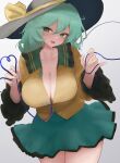  1girl absurdres breasts cleavage collarbone commentary_request gradient_background green_eyes green_skirt grey_background hat hat_ribbon heart heart_of_string highres komeiji_koishi large_breasts looking_at_viewer moriforest1040 open_mouth ribbon skirt solo third_eye touhou yellow_ribbon 