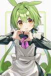  1girl alternate_costume alternate_hairstyle apron artist_name black_dress cone_huraku dress enmaided green_hair hair_between_eyes hair_intakes hands_up heart heart_hands long_sleeves looking_at_viewer low_twintails maid neck_ribbon orange_eyes outside_border parted_lips purple_ribbon ribbon smile solo twintails twitter_username upper_body voiceroid voicevox watermark white_apron white_background zundamon 