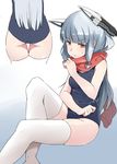  aqua_hair bangs bare_shoulders blunt_bangs gradient gradient_background headgear kantai_collection long_hair looking_at_viewer murakumo_(kantai_collection) one-piece_swimsuit red_eyes red_scarf scarf school_swimsuit school_uniform solo sweat swimsuit thighhighs white_legwear wk_(low-f) 