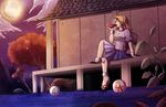  arm_support azumi-kun ball blonde_hair blouse breasts chain cloud cuffs cup facing_away full_moon geta horn hoshiguma_yuugi large_breasts leaf leg_up light_smile long_hair moon oni red_eyes sakazuki shackles short_sleeves sitting skirt solo star touhou tree water 