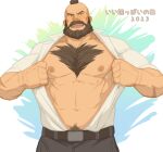  1boy :d abs bara bare_pectorals beard body_fur brown_hair chest_hair cowboy_shot facial_hair full_beard highres large_pectorals looking_at_viewer male_focus mature_male mohawk muscular muscular_male navel nipples pectorals ryker short_hair smile solo standing stomach street_fighter thick_beard translation_request zangief 
