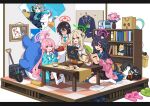  1boy 6+girls ahoge animal_ear_fluff animal_ears ayane_(blue_archive) banana black_hair black_jacket black_suit_(blue_archive) blazer blue_archive blue_eyes blue_halo blue_necktie blue_scarf blush book bowl cat_ears character_doll chocolate_doughnut chopsticks closed_eyes collared_shirt cross_hair_ornament cup doodle_sensei_(blue_archive) doughnut drinking_glass extra_ears food foreclosure_task_force_(blue_archive) fruit green_eyes green_halo grey_hair hair_between_eyes hair_ornament halo heterochromia hiding highres holding holding_tray hoshino_(blue_archive) ideolo jacket kaiser_ceo_(blue_archive) lemon lemon_slice light_brown_hair long_hair long_sleeves master_shiba_(blue_archive) medium_hair multiple_girls necktie nonomi_(blue_archive) noodles open_clothes open_jacket open_mouth pink_hair pink_halo pointy_ears ramen red_eyes red_halo scarf sensei_(blue_archive) serika_(blue_archive) shiroko_(blue_archive) shirt short_hair shovel smile socks table tea tray twintails white_shirt white_socks wolf_ears yellow_eyes yellow_jacket yume_(blue_archive) 