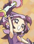  1girl :d absurdres arm_up blush chieo commentary_request dress gloves hat highres looking_at_viewer magical_girl ojamajo_doremi one_side_up open_mouth purple_dress purple_eyes purple_gloves purple_hair segawa_onpu short_hair smile solo upper_body wand witch_hat 