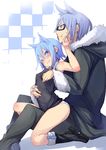  1girl 3: animal_ears arched_back bare_shoulders blue_eyes blue_hair blush boots breast_grab coat dog_ears dress dress_lift fang fang_out from_side fu-ta fur_trim glasses grabbing grabbing_from_behind hiizumi_enjin looking_up nanami_ao panties pushing_away pushing_face semi-rimless_eyewear short_hair striped striped_panties thigh_straddling under-rim_eyewear underwear yozakura_quartet 