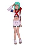  backpack bag detached_sleeves fishnets fuu_(naruto) green_hair hair_ornament hairclip kuukai_(adexi) looking_at_viewer midriff naruto naruto_shippuuden navel orange_eyes salute smile solo standing 