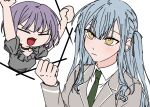  2girls a_jak arms_up bang_dream! bang_dream!_it&#039;s_mygo!!!!! black_choker black_ribbon blue_hair blush choker clenched_hand closed_eyes collared_shirt frilled_shirt frills green_necktie grey_jacket grey_shirt hair_ribbon hand_up jacket multiple_girls necktie open_mouth purple_hair ribbon shirt short_hair short_sleeves sweatdrop togawa_sakiko two_side_up white_shirt yellow_eyes yuutenji_nyamu 