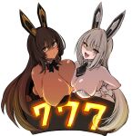  777_(nikke) animal_ears ascot black_ascot black_bow black_bowtie black_footwear black_leotard black_nails blanc_(nikke) blush bow bowtie breasts brown_eyes brown_hair cleavage dark-skinned_female dark_skin detached_collar fake_animal_ears fake_tail goddess_of_victory:_nikke hair_intakes high_heels highleg highleg_leotard highres huge_breasts large_breasts leotard long_hair nail_polish noir_(nikke) open_mouth playboy_bunny rabbit_ears rabbit_tail strapless strapless_leotard sweatdrop tail tkool_man very_long_hair white_hair white_leotard wrist_cuffs yellow_eyes 