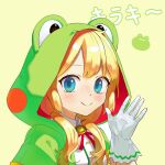  1girl :&gt; absurdres animal_hood blonde_hair blue_eyes blush buttons closed_mouth commentary_request frog_hood gloves hand_up highres hood hood_up long_hair looking_at_viewer low_twintails mih nijikawa_laki project_upd8 shirt simple_background smile solo twintails upper_body virtual_youtuber waving white_gloves white_shirt yellow_background 