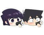  1boy 1girl absurdres black_eyes black_hair chibi commentary cropped_hair disembodied_limb eating flower food hair_between_eyes hair_flower hair_ornament highres holding holding_food j_humbo komi-san_wa_komyushou_desu komi_shouko looking_to_the_side makizushi purple_eyes purple_hair short_hair simple_background sushi swept_bangs tadano_hitohito white_background 