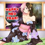  1girl 2018 arm_support artist_name blush breasts brown_eyes brown_hair character_name cleavage dated eyebrows_visible_through_hair eyes_visible_through_hair fireworks floral_print happy_new_year heterochromia indoors japanese_clothes kimono large_breasts looking_at_viewer maroonabyss multicolored_hair neo_(rwby) new_year night no_bra off_shoulder pink_hair purple_eyes rwby smile solo text_focus 